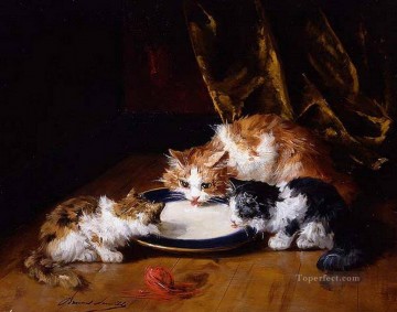 Alfred Brunel de Neuville tres gatos chupando leche Pinturas al óleo